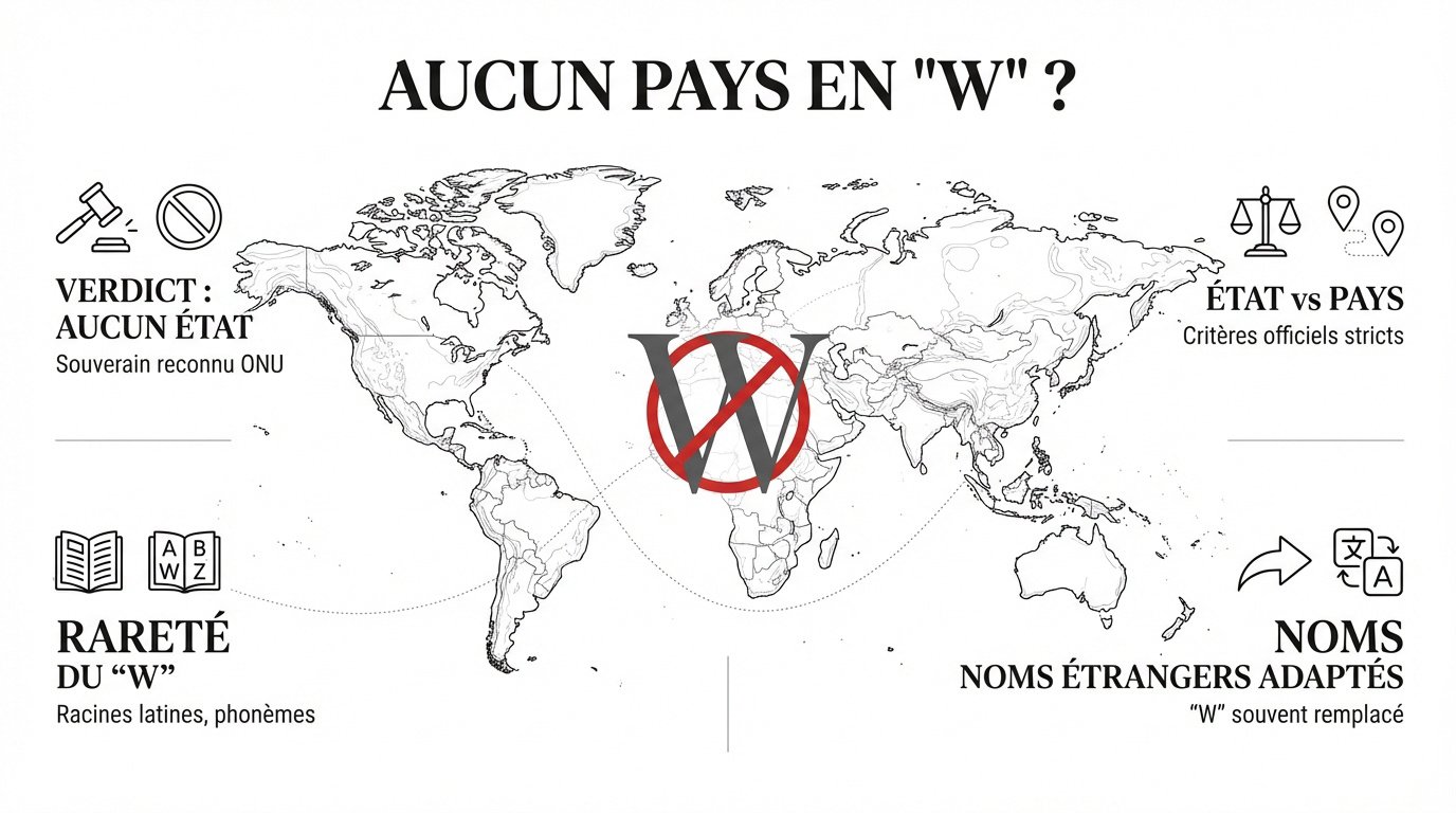 Carte du monde illustrant l'absence de pays commençant par la lettre W