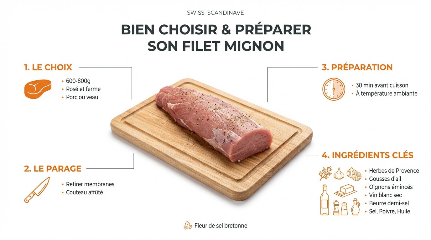 Préparation d'un filet mignon de porc frais sur une planche en bois
