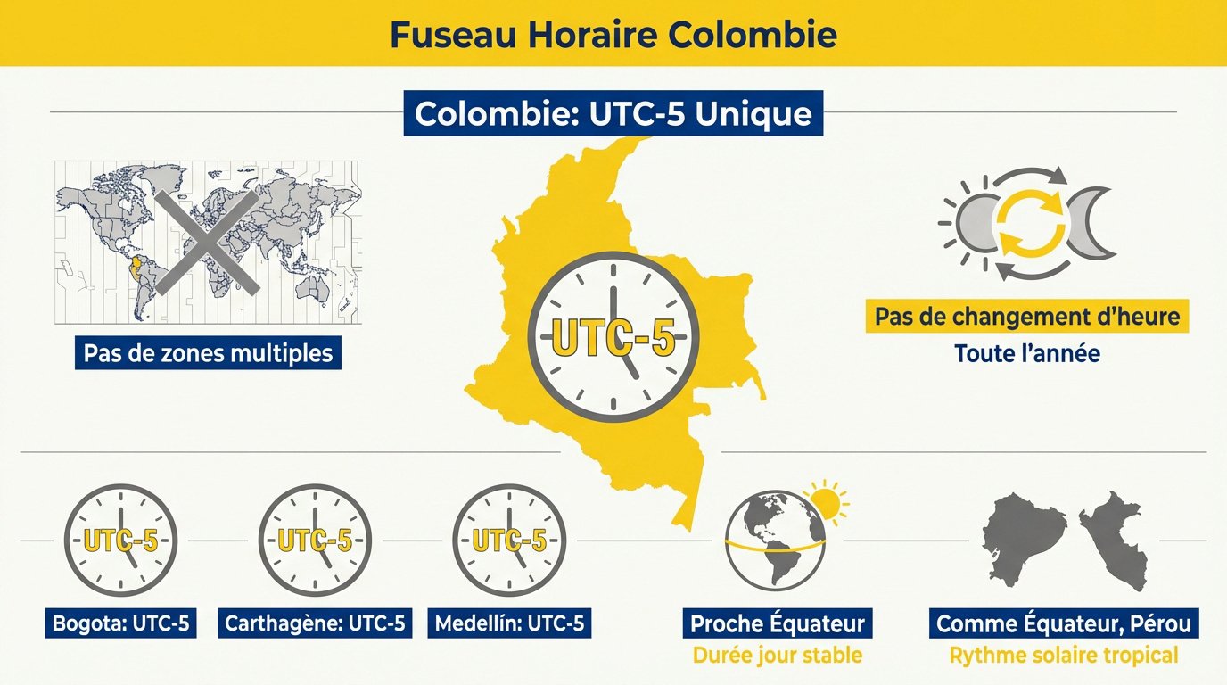 Carte du fuseau horaire UTC-5 en Colombie incluant Bogota et Medellín