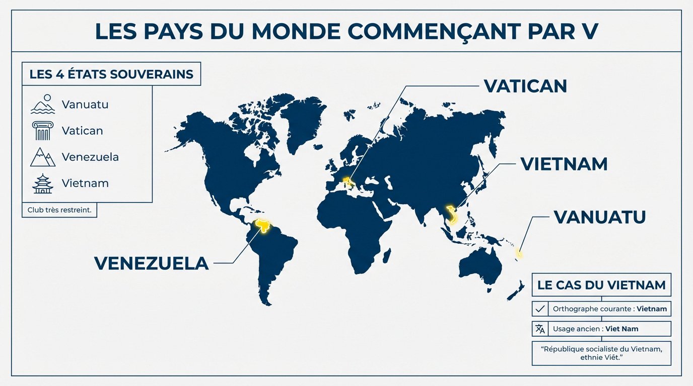 Carte du monde localisant les quatre pays commençant par la lettre V