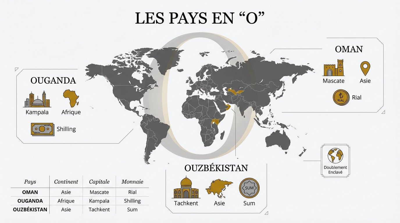 Les trois pays souverains en O : Oman, Ouganda, Ouzbékistan
