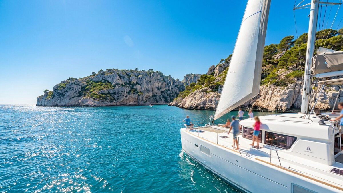 Catamaran naviguant dans les eaux turquoise de la Côte Bleue avec des passagers à bord.