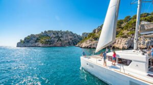 Catamaran naviguant dans les eaux turquoise de la Côte Bleue avec des passagers à bord.