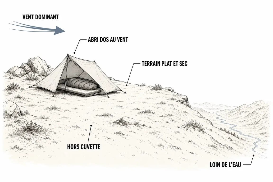 Préparer un bivouac nomade confortable en pleine nature sauvage avec une tente légère sur un terrain plat et sec