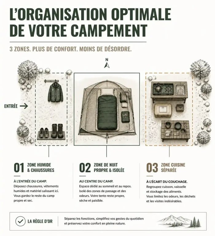 Schéma d'organisation d'un campement pour préparer une étape reposante lors de vos road-trips outdoor