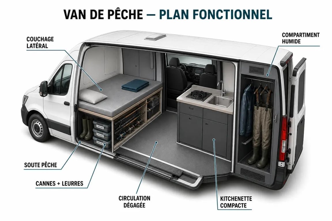 Aménager son van pour partir en expédition de pêche dans un fourgon modulable avec couchage, rangement des cannes et kitchenette