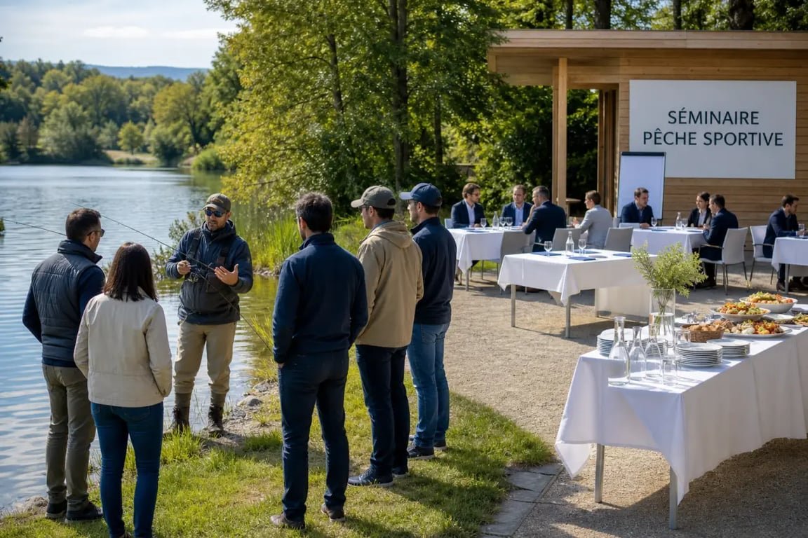 Organiser un séminaire d'entreprise autour de la pêche sportive au bord d'un plan d'eau calme avec un groupe de collaborateurs et un espace de réunion en arrière-plan