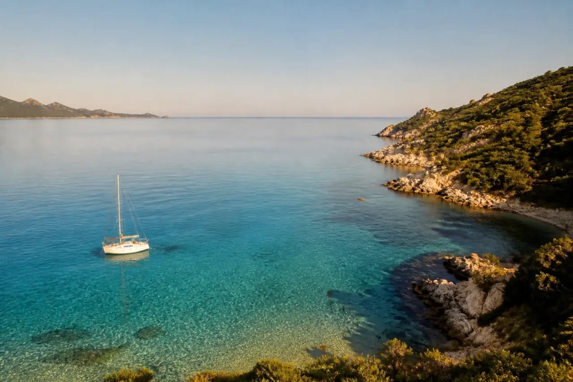 Explorer les plus beaux mouillages sauvages en Corse du Sud : crique turquoise et voilier au mouillage
