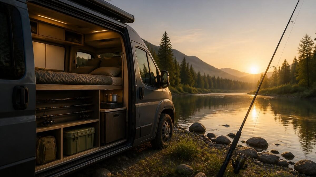Van de pêche : couchage, rangement et autonomie
