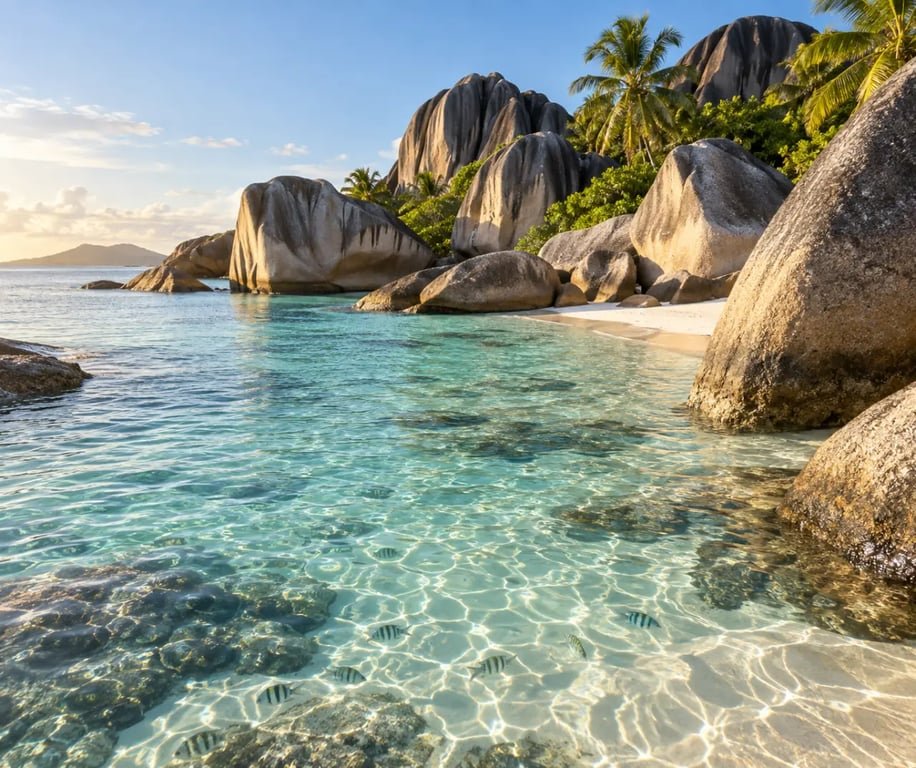 Anse Source d’Argent, spot de snorkeling aux îles Seychelles entre les rochers de granite